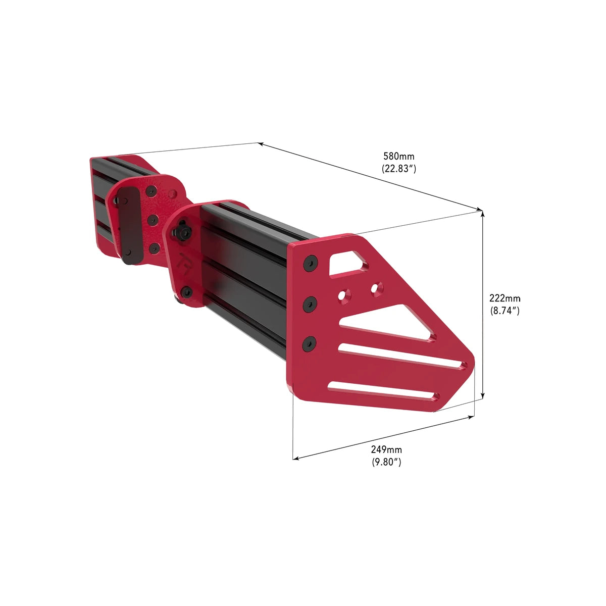 Trak Racer TR-One V3 front mount kit for Simucube and VRS, dimensions diagram: 580mm wide, 222mm high, 249mm deep