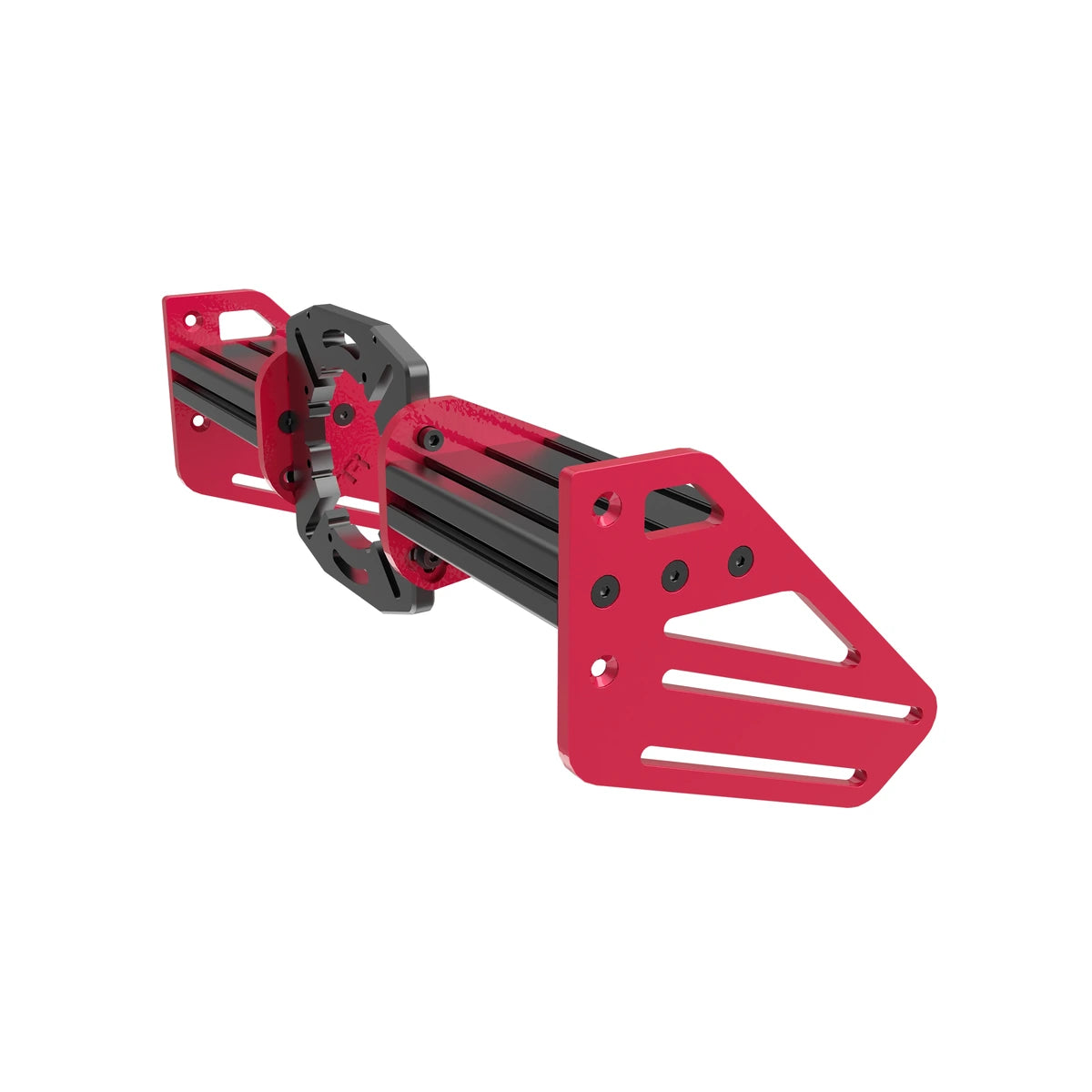 Trak Racer TR-One V3 front mount kit for Simucube and VRS, three-quarter view of the red side plates, black channel and wheel mount