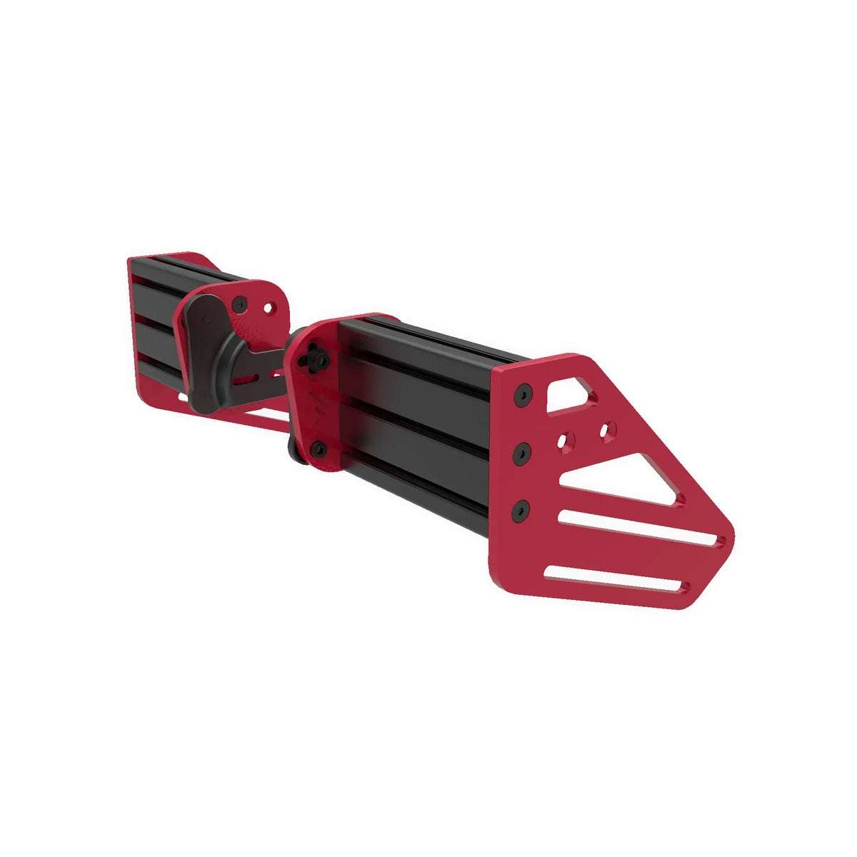 Trak Racer TR-One V3 side mount kit for Simagic EVO, three-quarter view — red brackets on a black 120x40mm channel