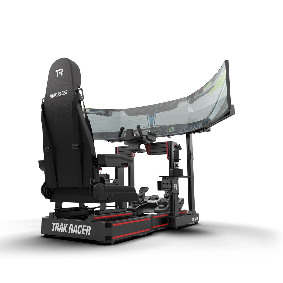 Trak Racer TR120S Flight Simulator, rear right view, set up with an ultrawide curved monitor and flight controls (sold separately)