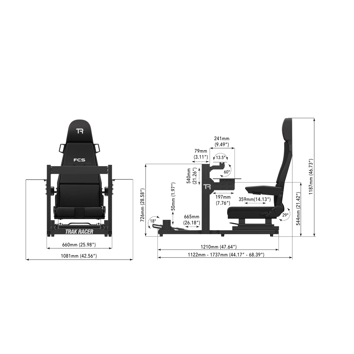 Trak Racer TR40S Flight Simulator dimensions diagram, front and side views with frame width, length and seat heights in mm