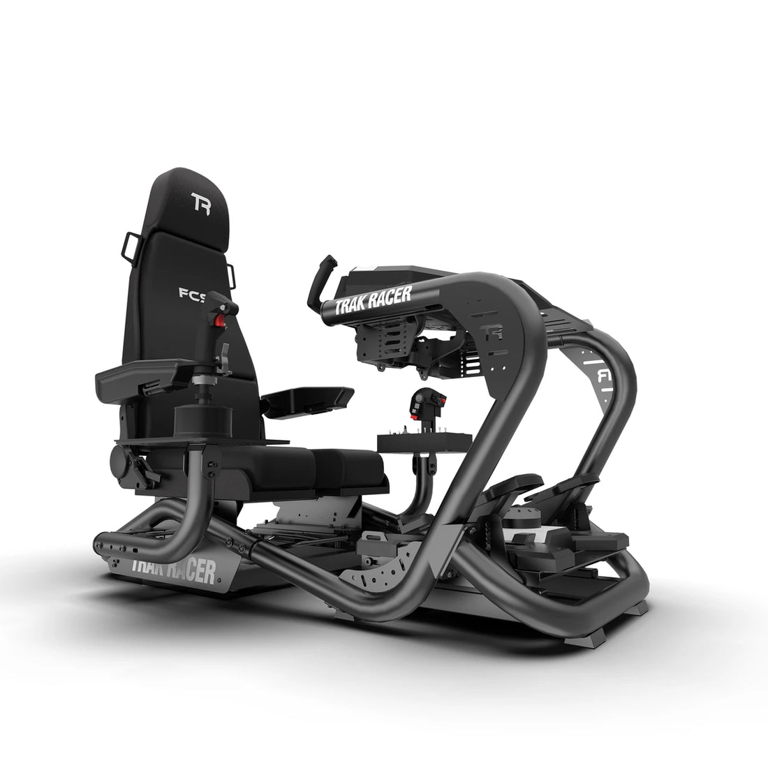 Trak Racer TR8 Pro Flight Simulator, front three-quarter view, flight seat with left and right control mounts and flight controls fitted