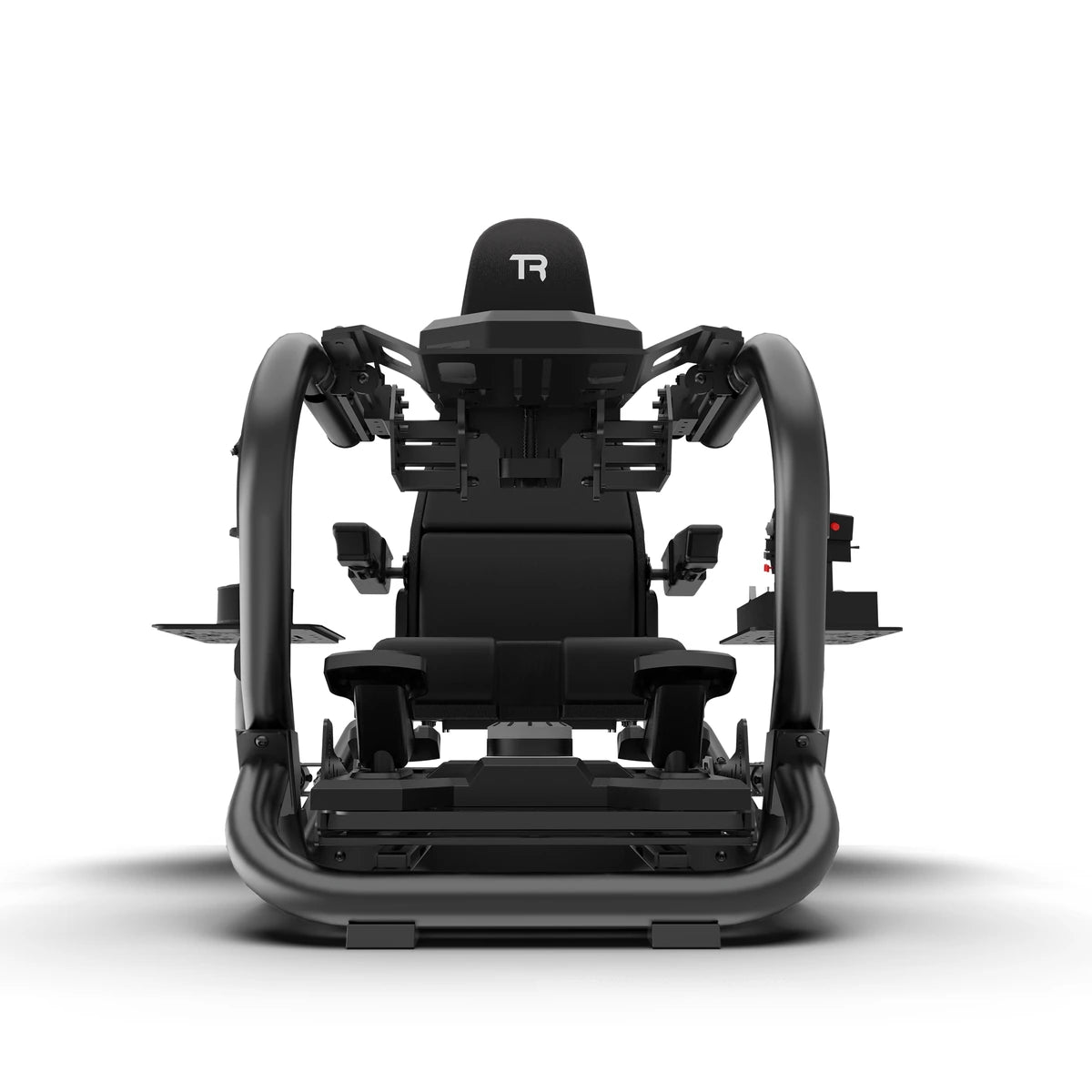 Trak Racer TR8 Pro Flight Simulator, front view, flight seat centred between the left and right flight control mounts