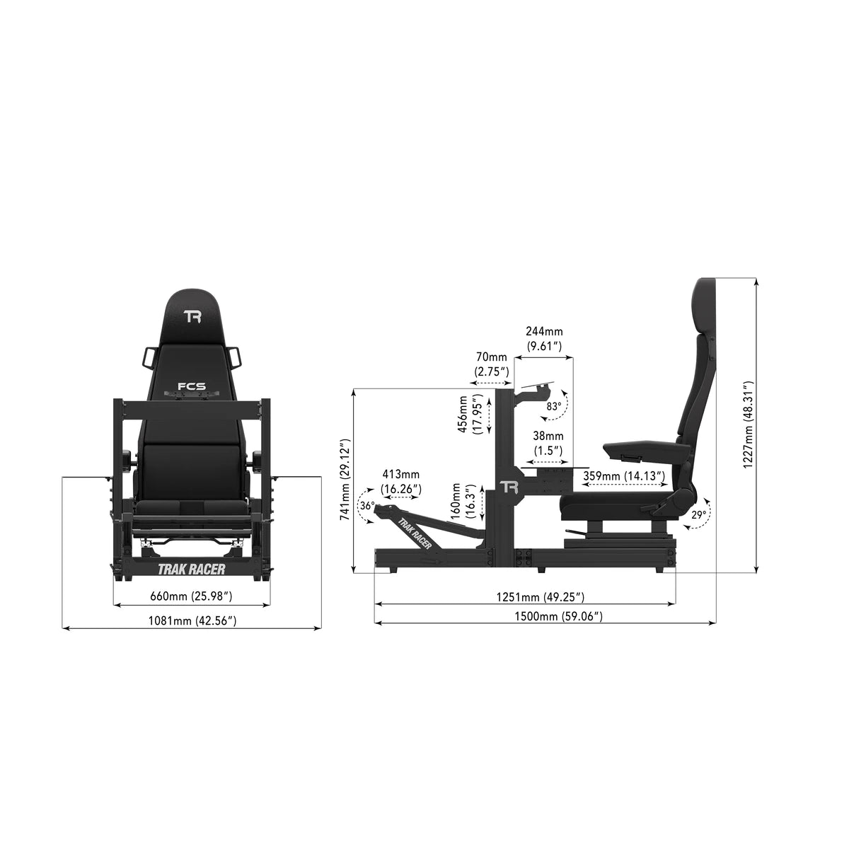 Trak Racer TR80S Flight Simulator dimensions diagram, front and side views with frame width, length and height in mm