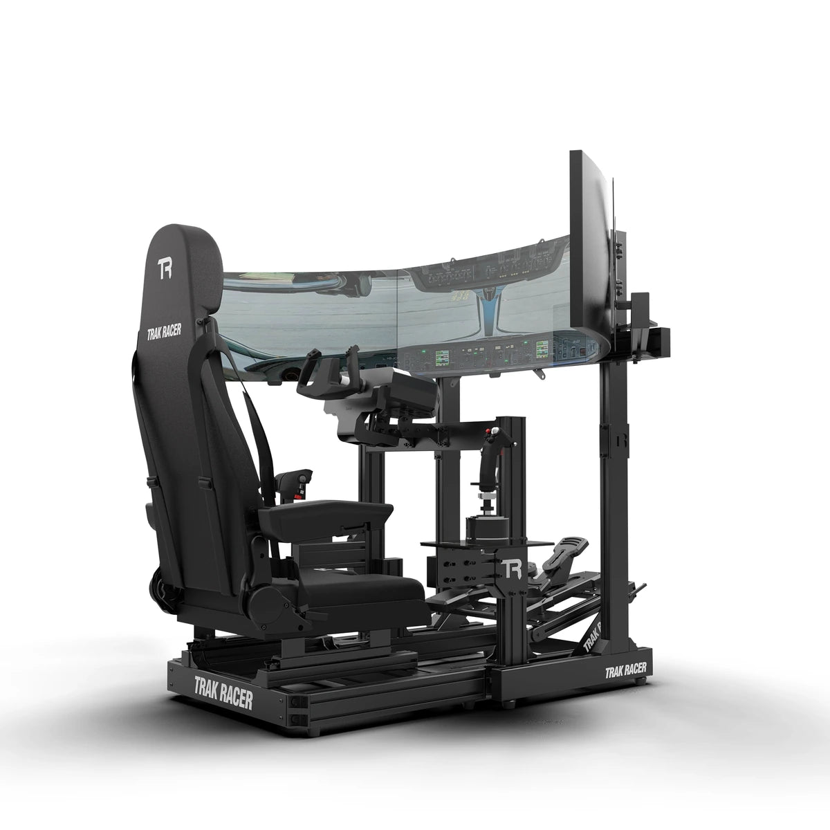 Trak Racer TR80S Flight Simulator, rear right view, set up with an ultrawide curved monitor and flight controls (sold separately)
