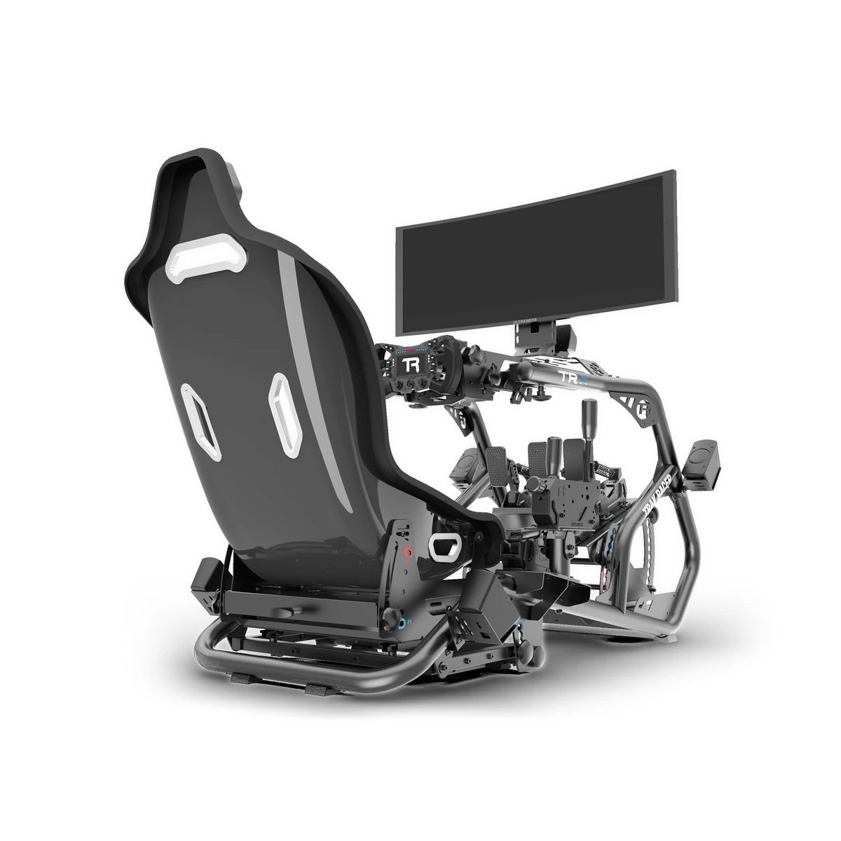 Trak Racer Alpine Racing TRX cockpit with speaker mounts fitted around the frame, rear three-quarter view