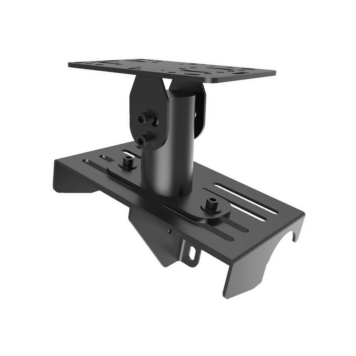 Trak Racer TRX gear shifter mount in matte black, angled view showing the distance-slider base and adjustable pivot