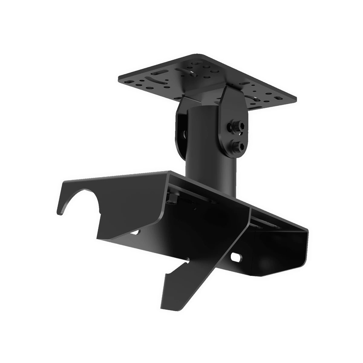 Trak Racer TRX gear shifter mount in matte black, three-quarter view of the pre-drilled top plate, pivot column and tube saddle