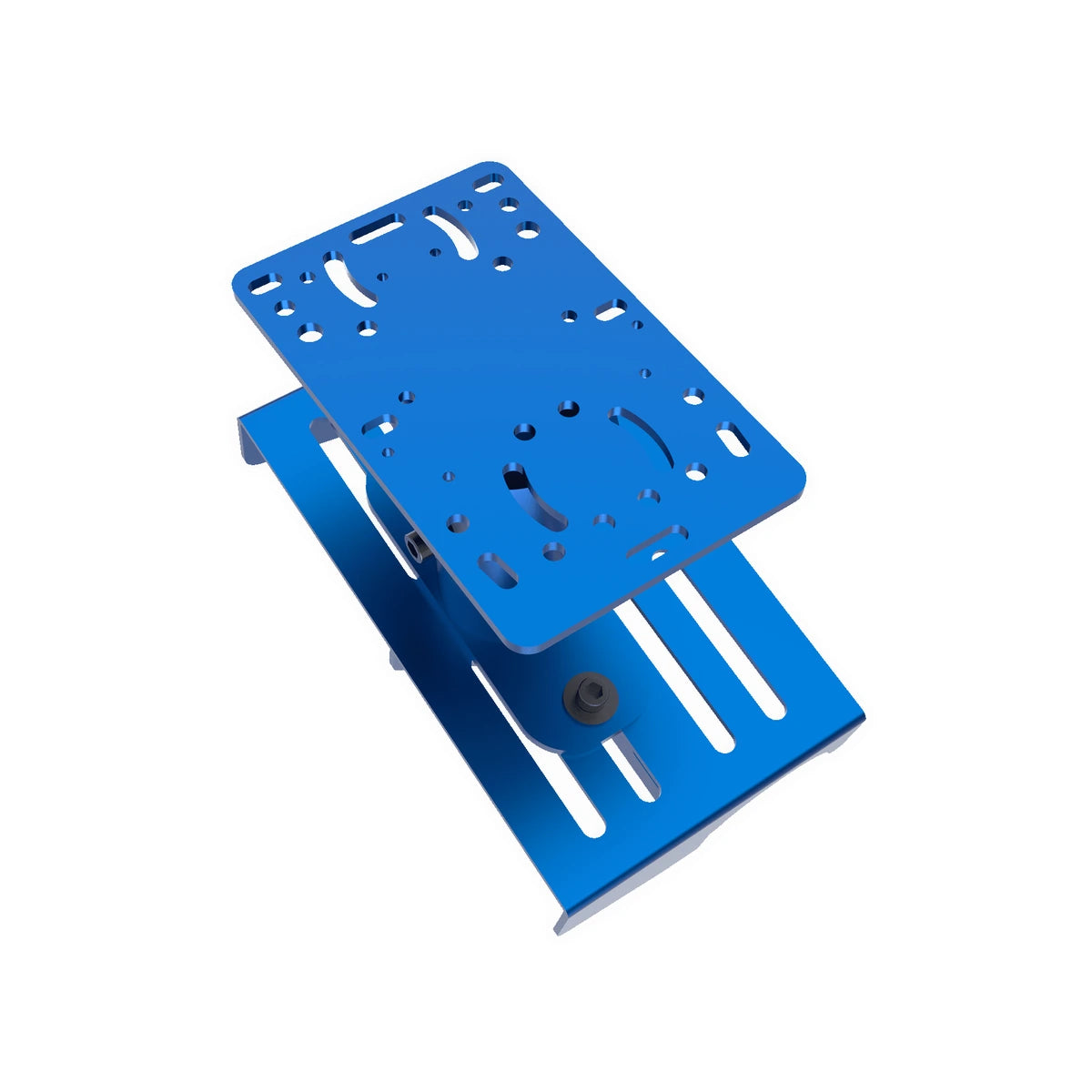 Trak Racer TRX gear shifter mount in blue, top-down view of the pre-drilled universal shifter mounting plate