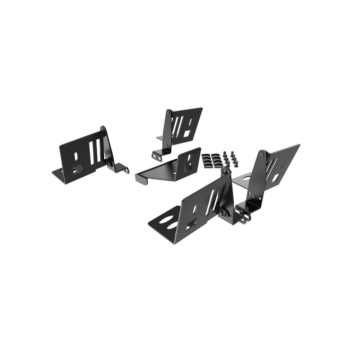 Trak Racer 5-speaker mount kit for 8020 rigs, angled exploded view of brackets and hardware
