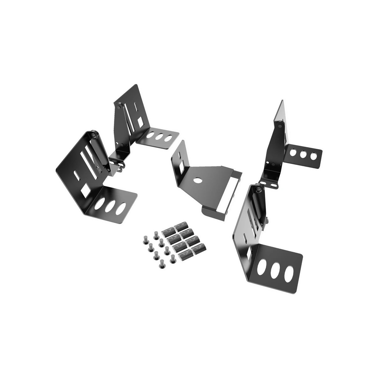 Trak Racer universal speaker mount kit, exploded view of five brackets with T-nuts and bolts