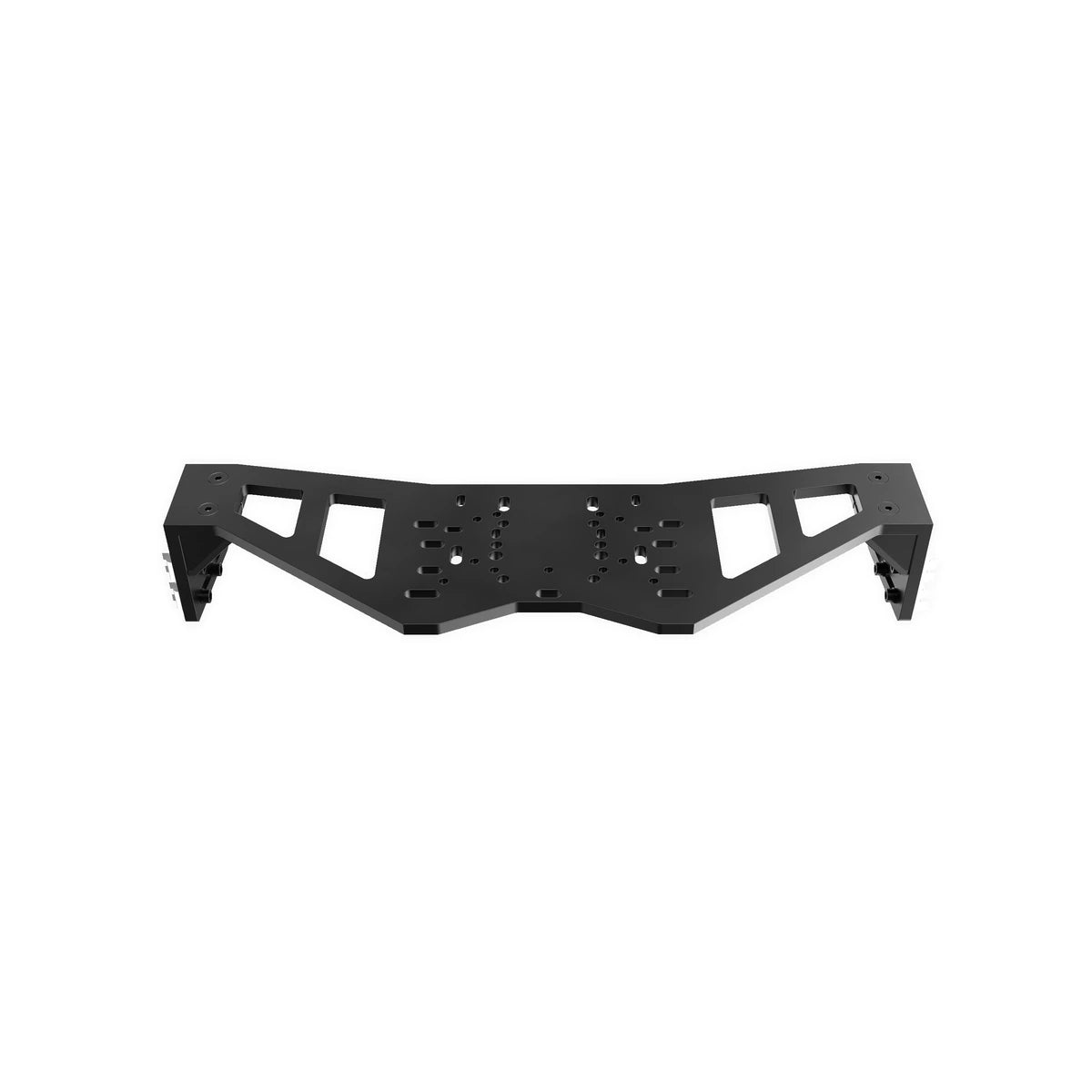 Trak Racer universal wheel plate deck, top view — carbon-steel deck showing multi-hole wheelbase mounting pattern