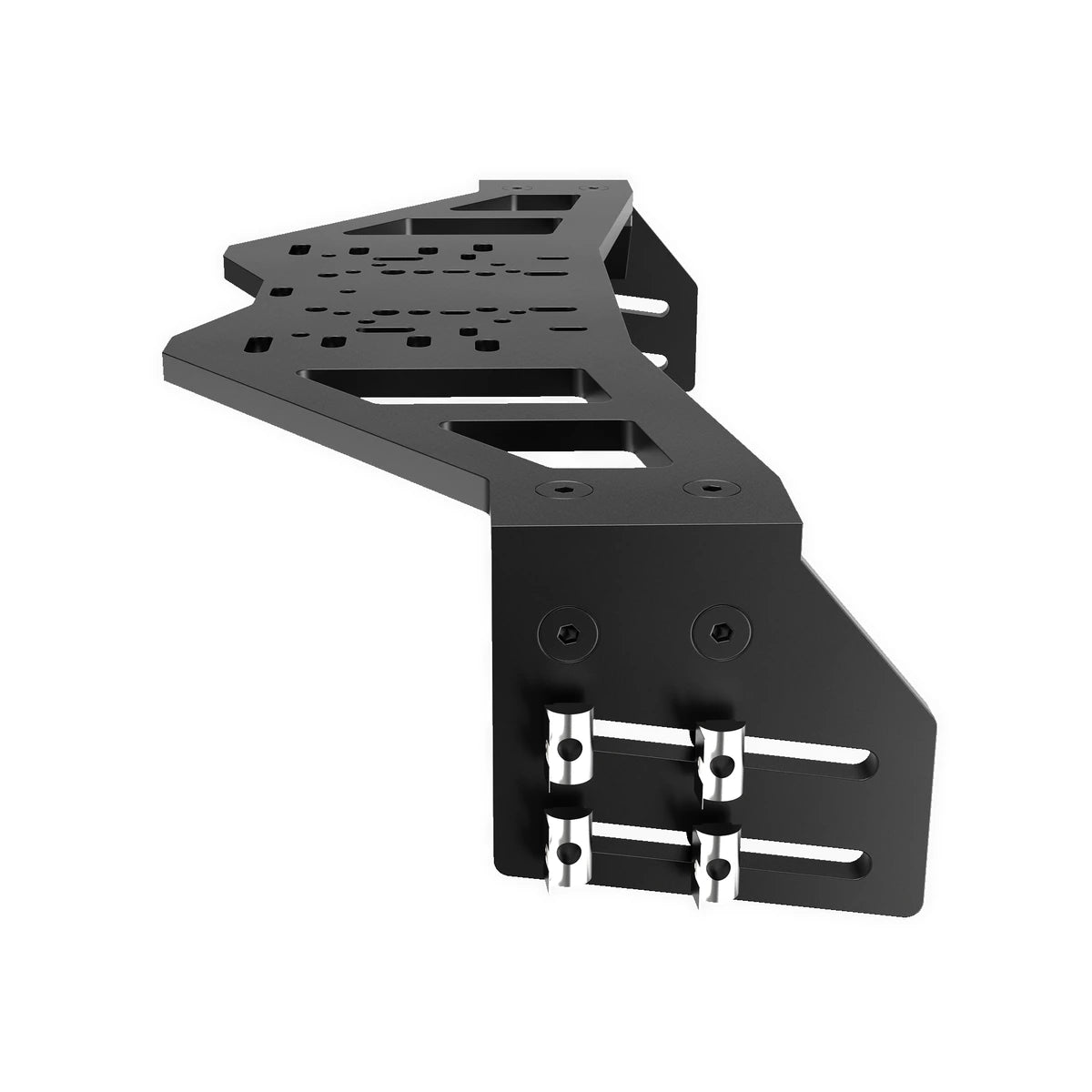 Trak Racer universal wheel plate deck, side view — carbon-steel deck with fore-aft slide and angle-adjust brackets
