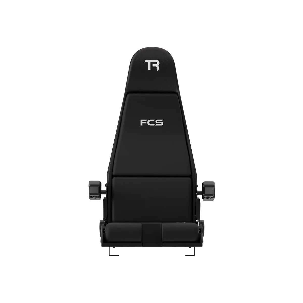 Trak Racer FCS flight simulator seat, front isometric view showing HOTAS cut-out
