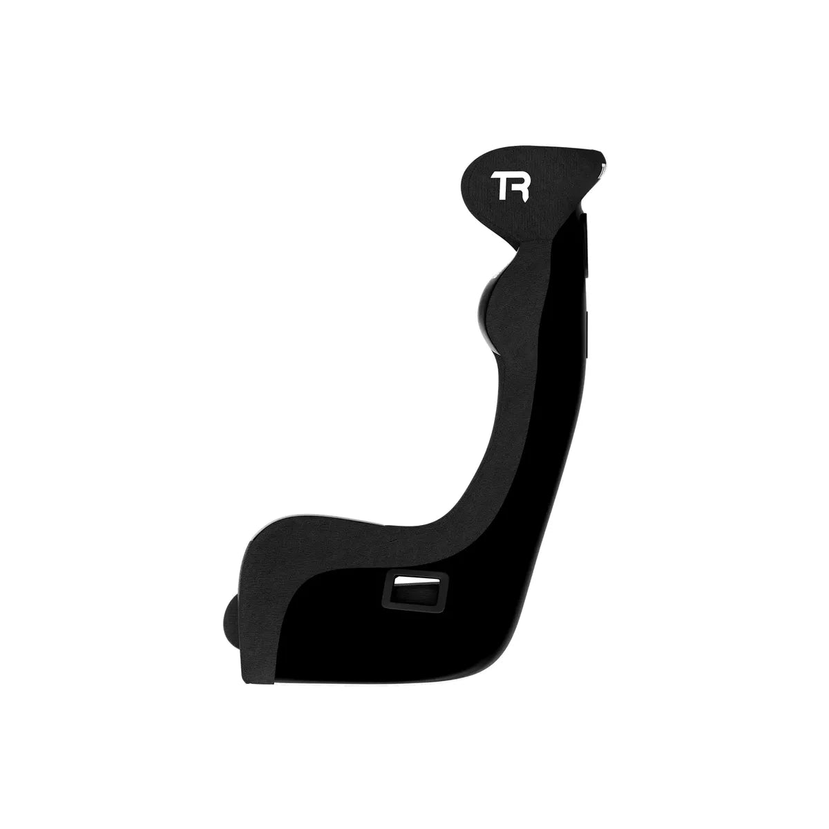 Trak Racer GT Pro fibreglass racing seat, black, side profile showing harness slot