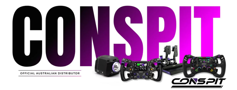 Conspit sim racing wheelbase, wheels and pedals, now available in Australia