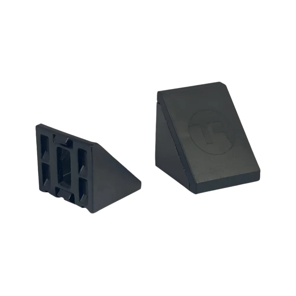Trak Racer 40mm corner bracket, rear view — aluminium bracket showing grooved slot-in back panel