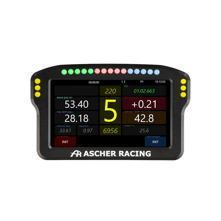 Ascher Racing 4-inch dashboard, front view showing live telemetry