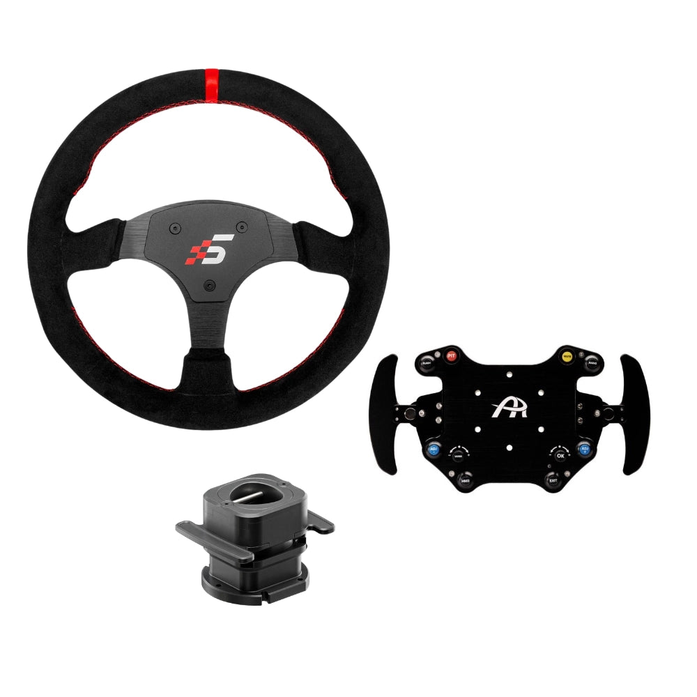 Ascher wireless round Simucube wheel bundle contents: Simagic P-330R round rim, Ascher B24L-SC wireless hub and Simucube Link Quick Release