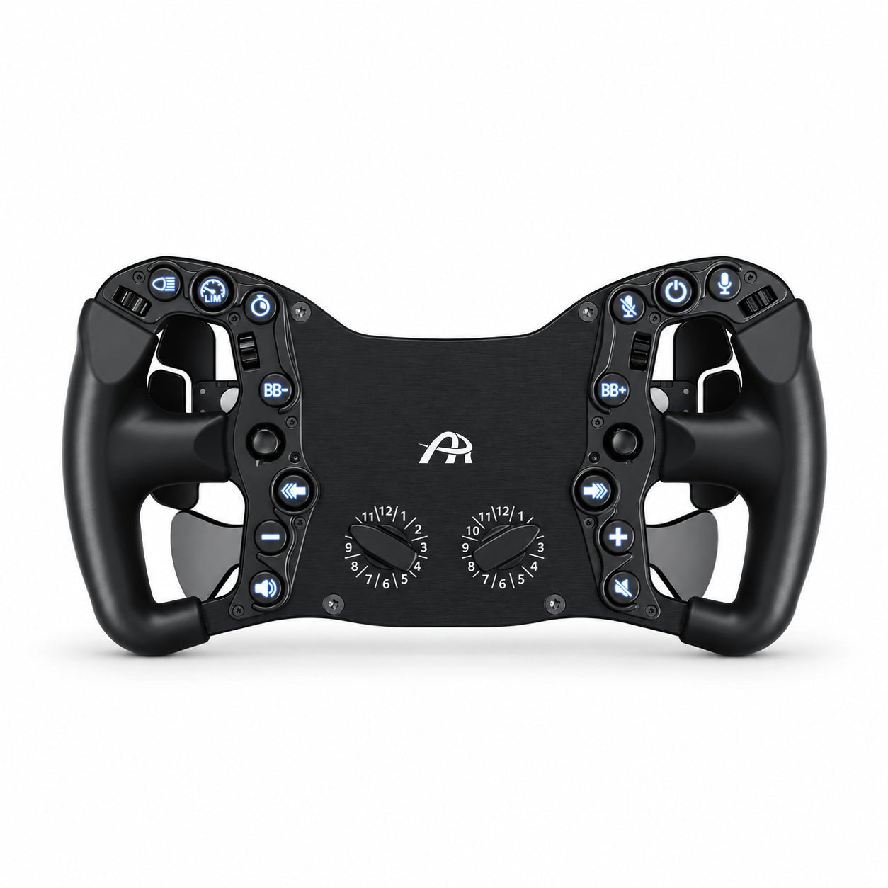 Ascher Racing Pro Black Edition sim racing wheel, front view with blue backlit buttons and black 12-position rotary switches