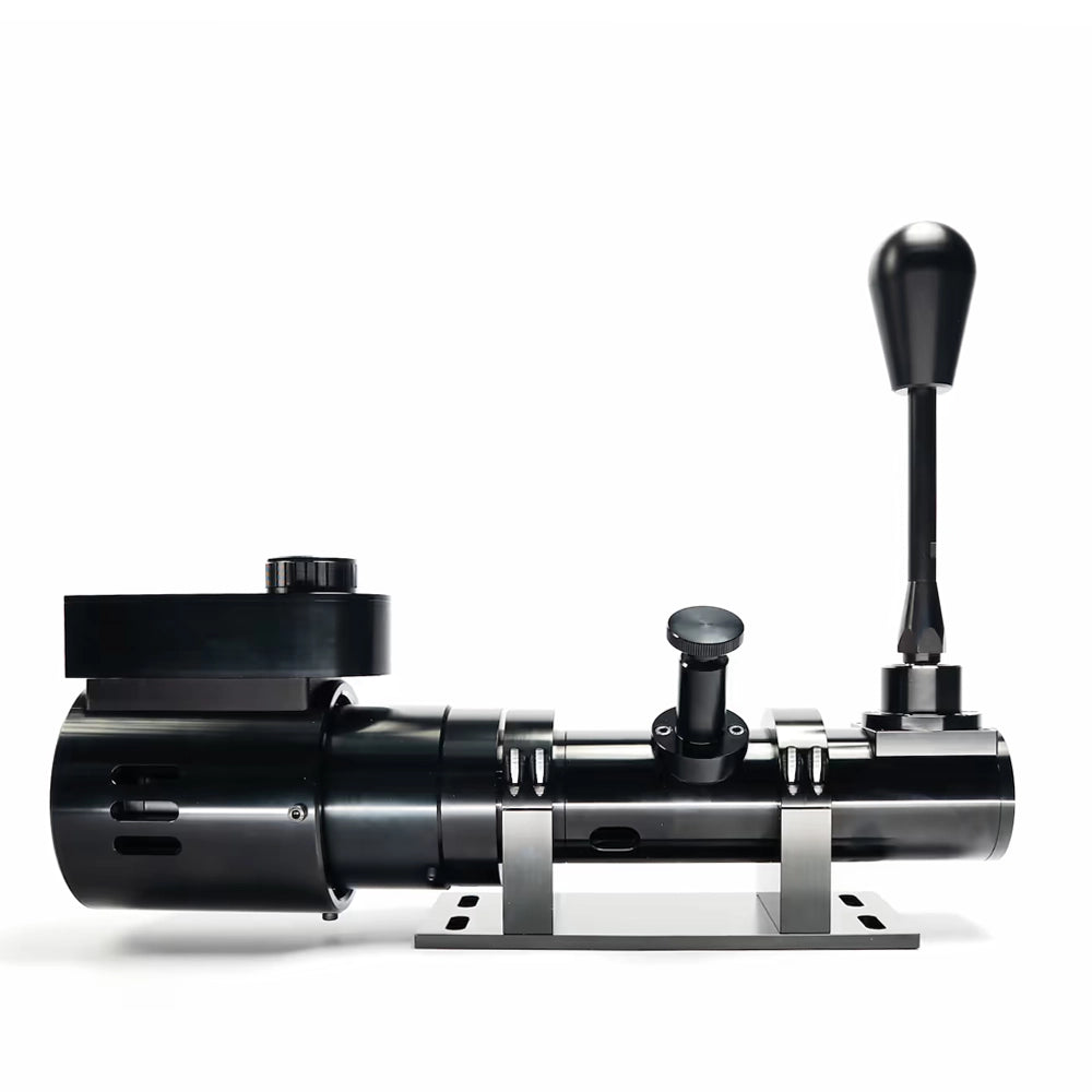 BDH Active force feedback H-pattern sim racing shifter, full side view with servo and mounting base