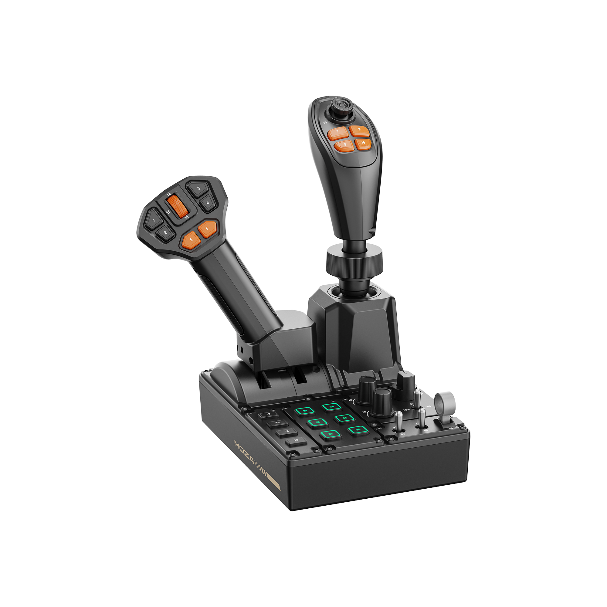 MOZA FCS Farming Control System front three-quarter view showing the Hall-effect joystick, throttle lever and control panel