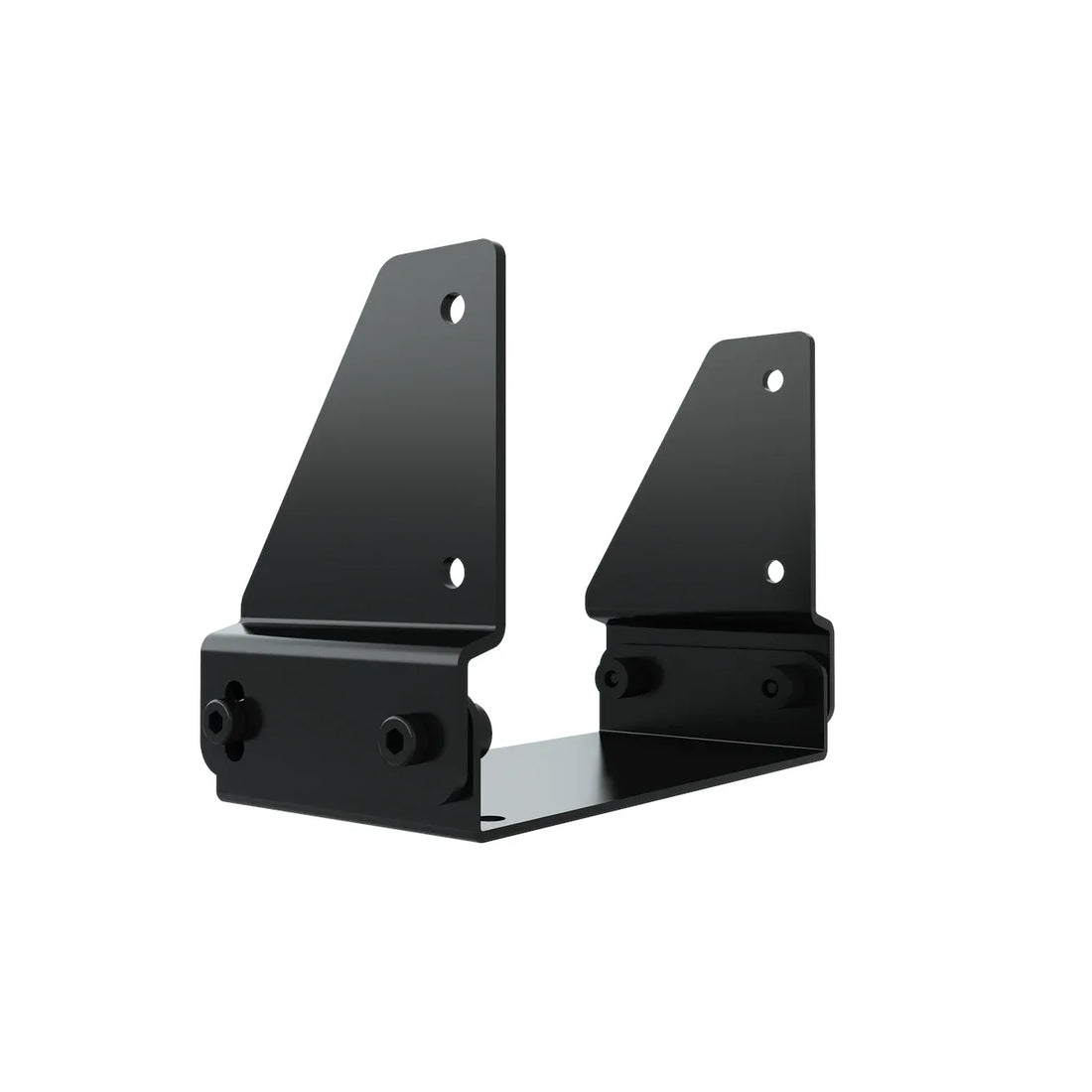 Wheel Mount for Fanatec Direct Drive wheelbases, black twin-plate bracket assembly with bolts fitted, three-quarter view