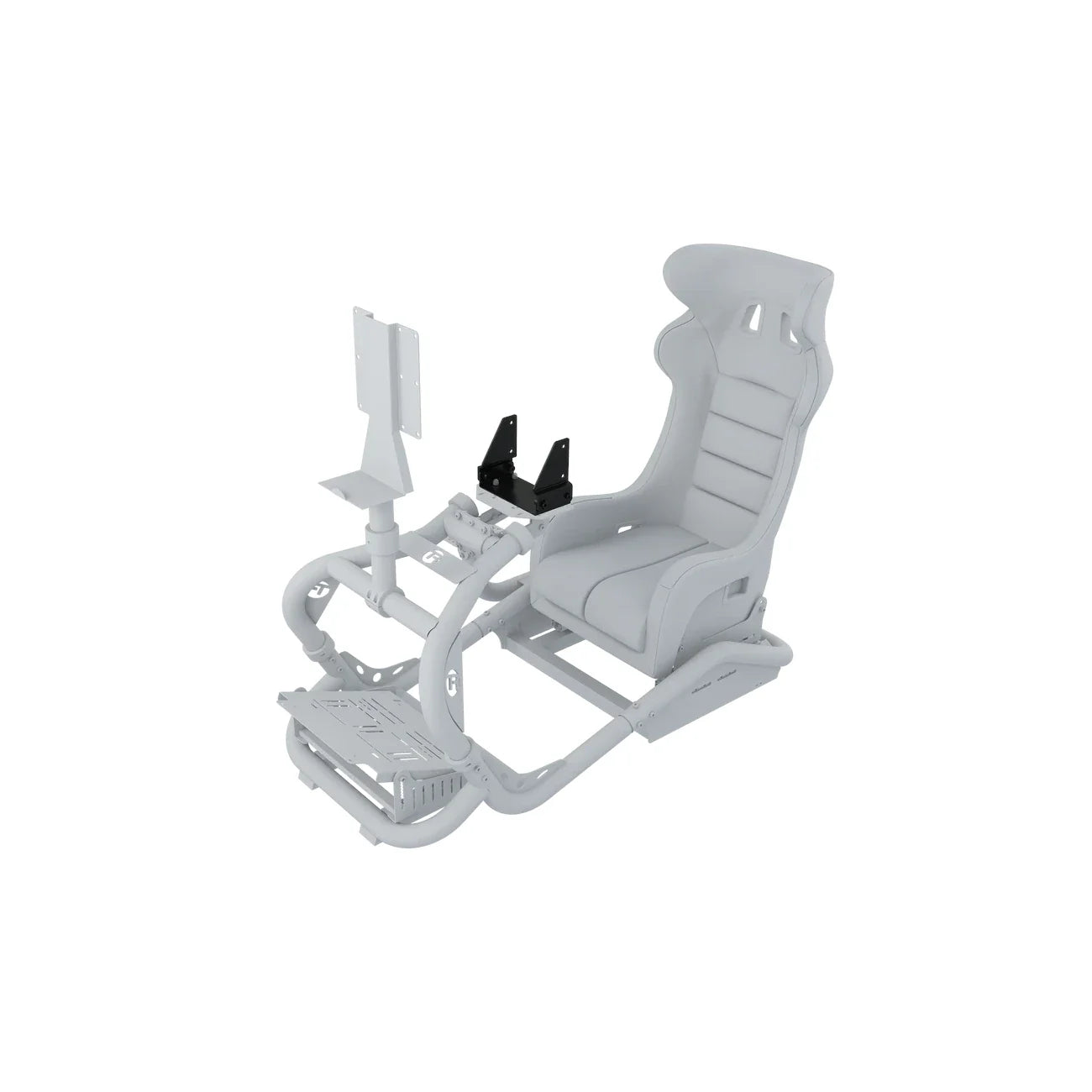 Wheel Mount for Fanatec Direct Drive wheelbases shown fitted to a ghosted cockpit with seat and pedals, full rig view