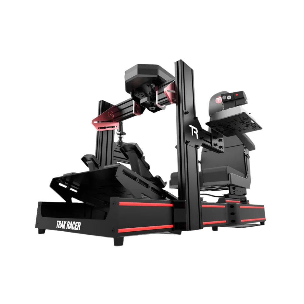 Trak Racer flight sim control mount with 2 side supports installed on cockpit, rear angle — yoke and throttle shown, sold separately