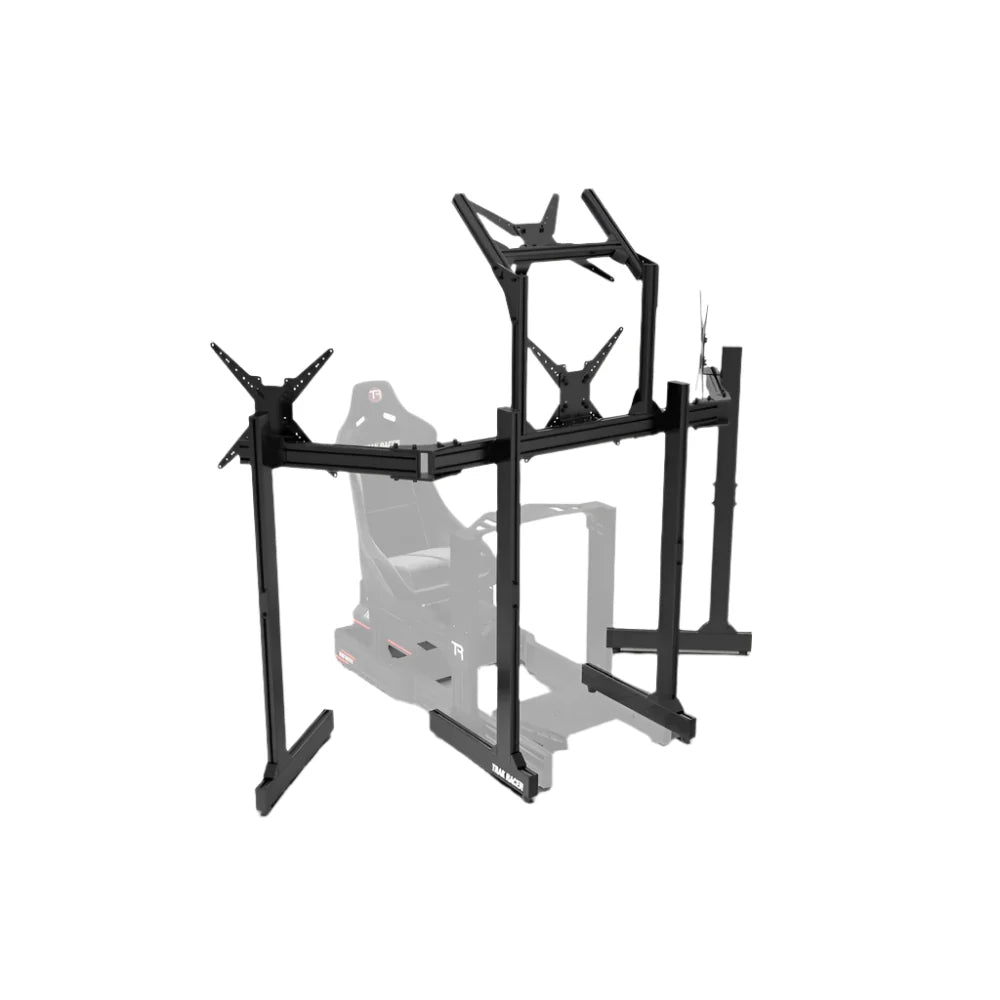Trak Racer freestanding quad monitor stand positioned around a cockpit silhouette, three-quarter view — cockpit sold separately