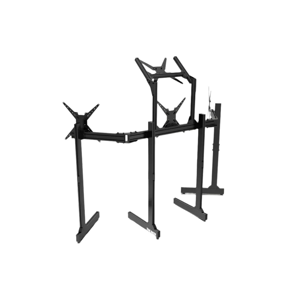 Trak Racer freestanding quad monitor stand, three-quarter angled view — independent legs and VESA arms