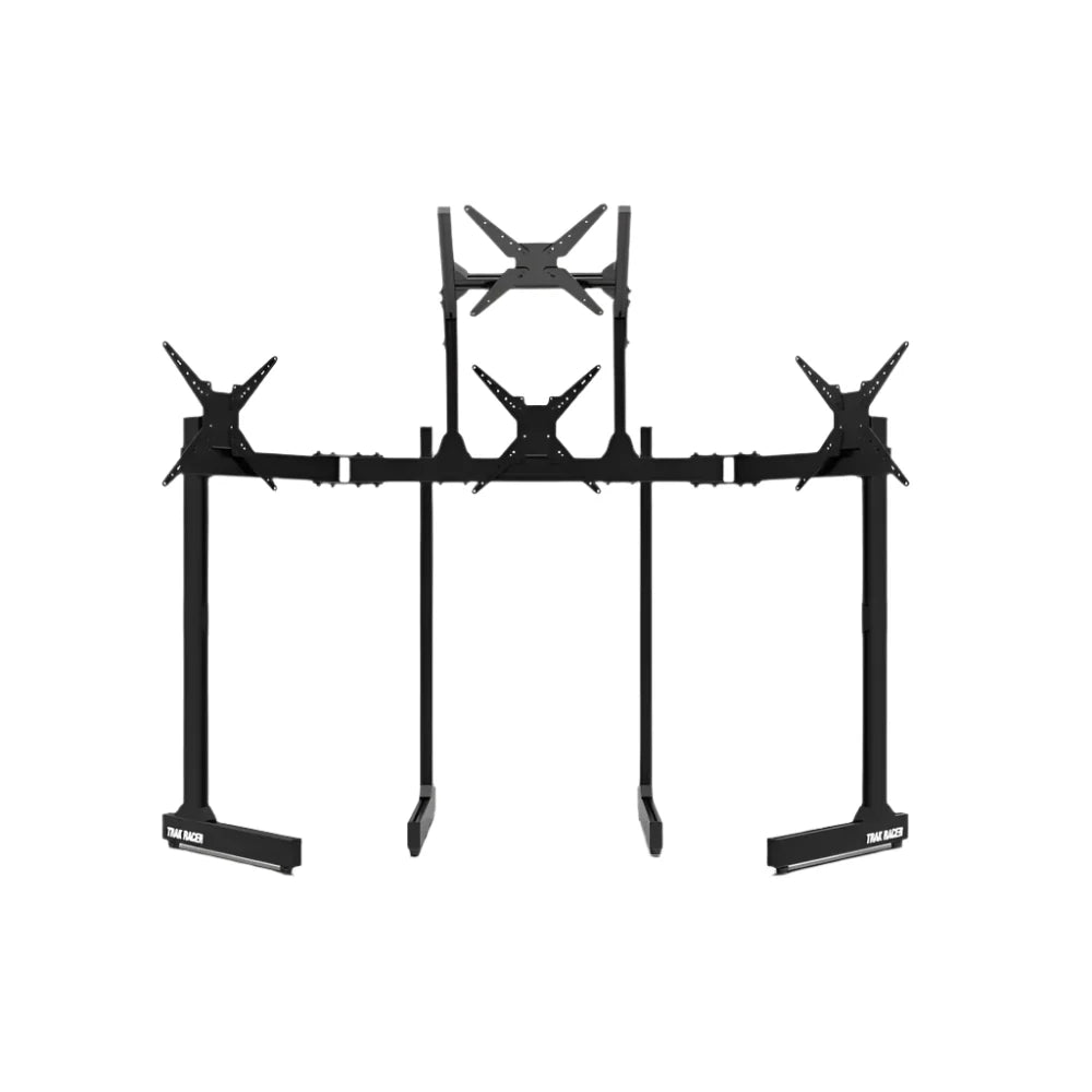 Trak Racer freestanding quad monitor stand, straight-on front view — four legs with VESA arms for up to four displays