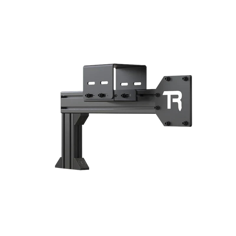 Trak Racer Gen 2 Shifter Mount and Side Chassis Support with TR support plate on black aluminium profile, three-quarter view