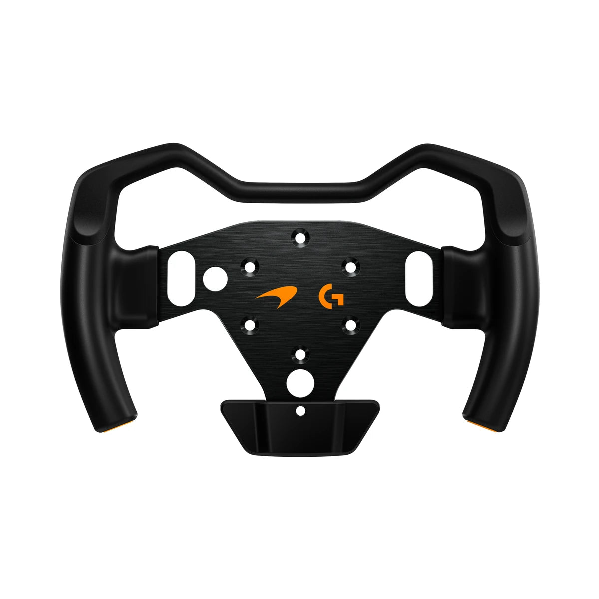 Logitech G RS Formula Wheel McLaren Racing Edition, front view of the Formula-style grips and low-carbon aluminium face plate with McLaren and Logitech G logos
