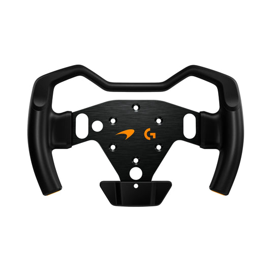 Logitech G RS Formula Wheel McLaren Racing Edition, front view of the Formula-style grips and low-carbon aluminium face plate with McLaren and Logitech G logos
