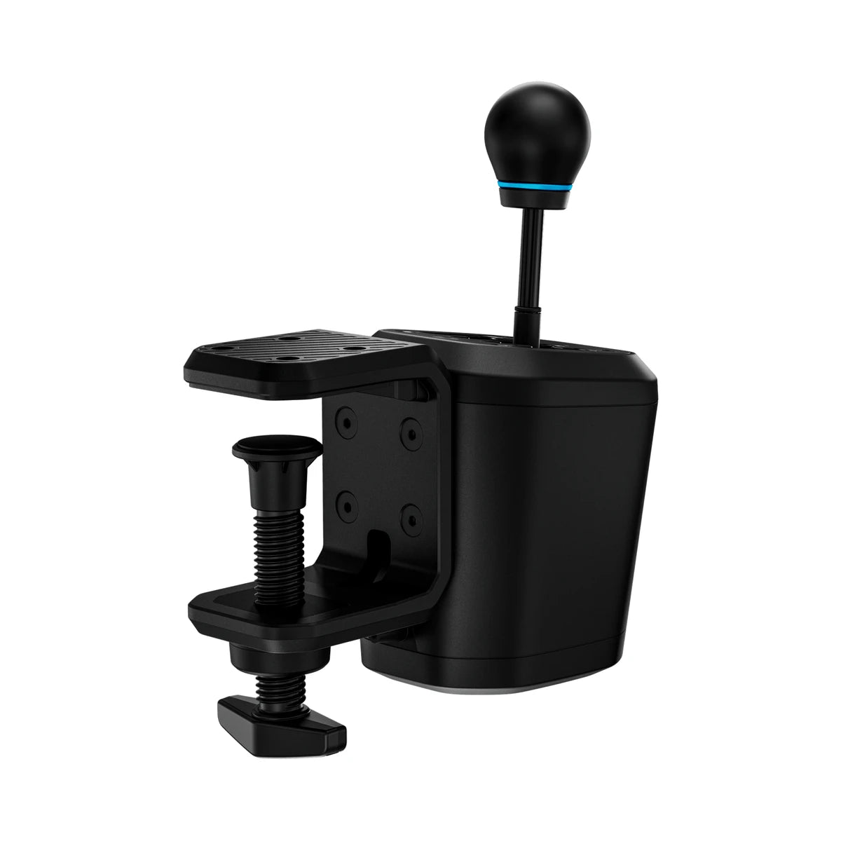 Logitech G RS H-Shifter, rear three-quarter view showing the mounting plate and clamp