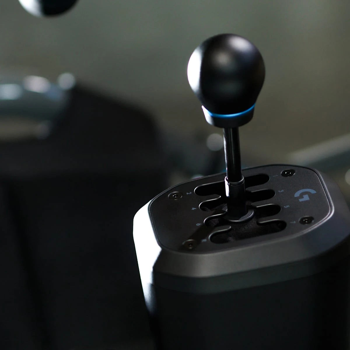 Logitech G RS H-Shifter close-up of the 6+2 H-pattern gate and weighted shift knob