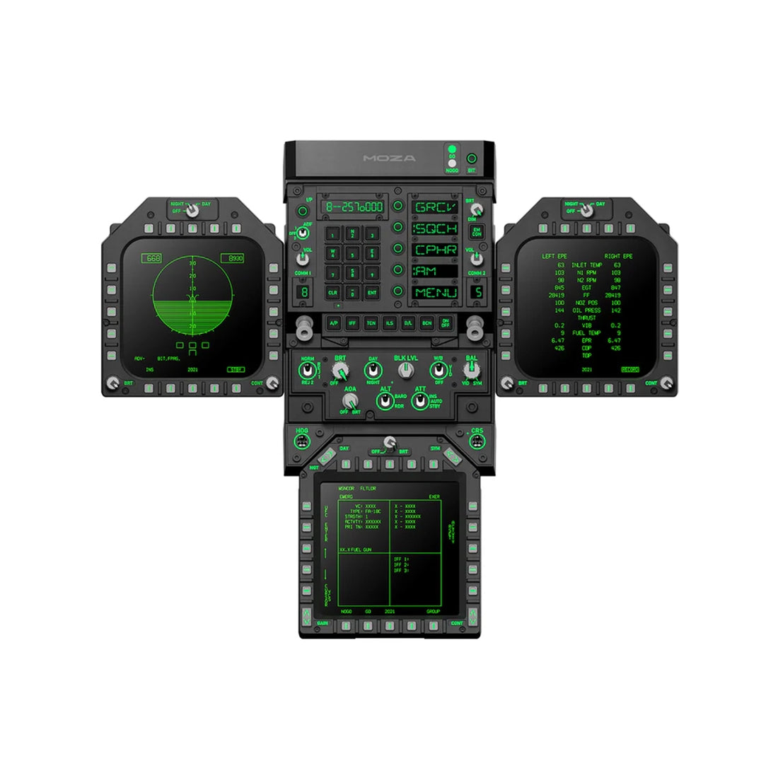 MOZA FMP18 fighter jet cockpit panel bundle, front view with dual DDI displays, UFC keypad and AMPCD moving-map screen powered on