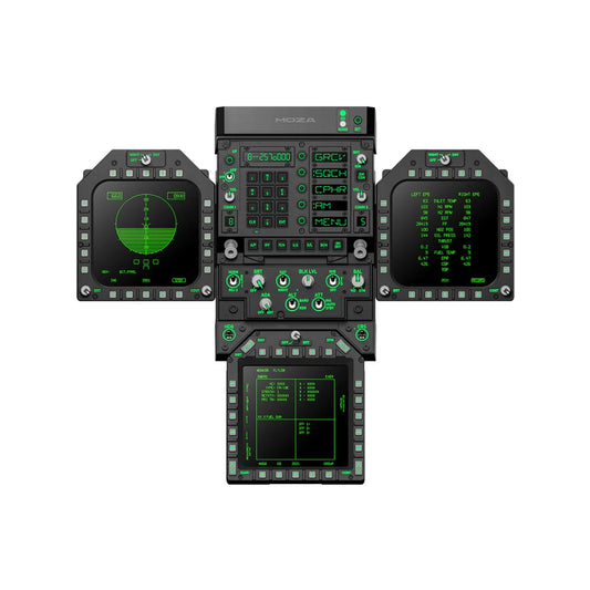 MOZA FMP18 fighter jet cockpit panel bundle, front view with dual DDI displays, UFC keypad and AMPCD moving-map screen powered on