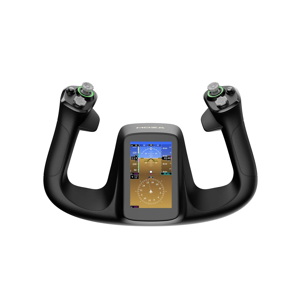 MOZA MFY Pro Yoke commercial flight yoke, front view with 4.3-inch touchscreen