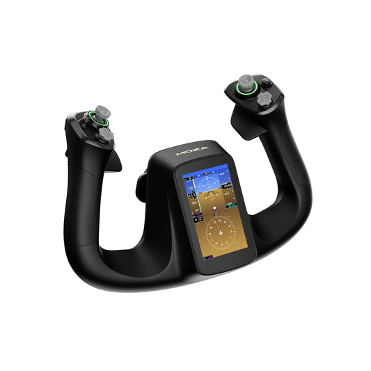 MOZA MFY Pro Yoke three-quarter view showing grips and thumbsticks
