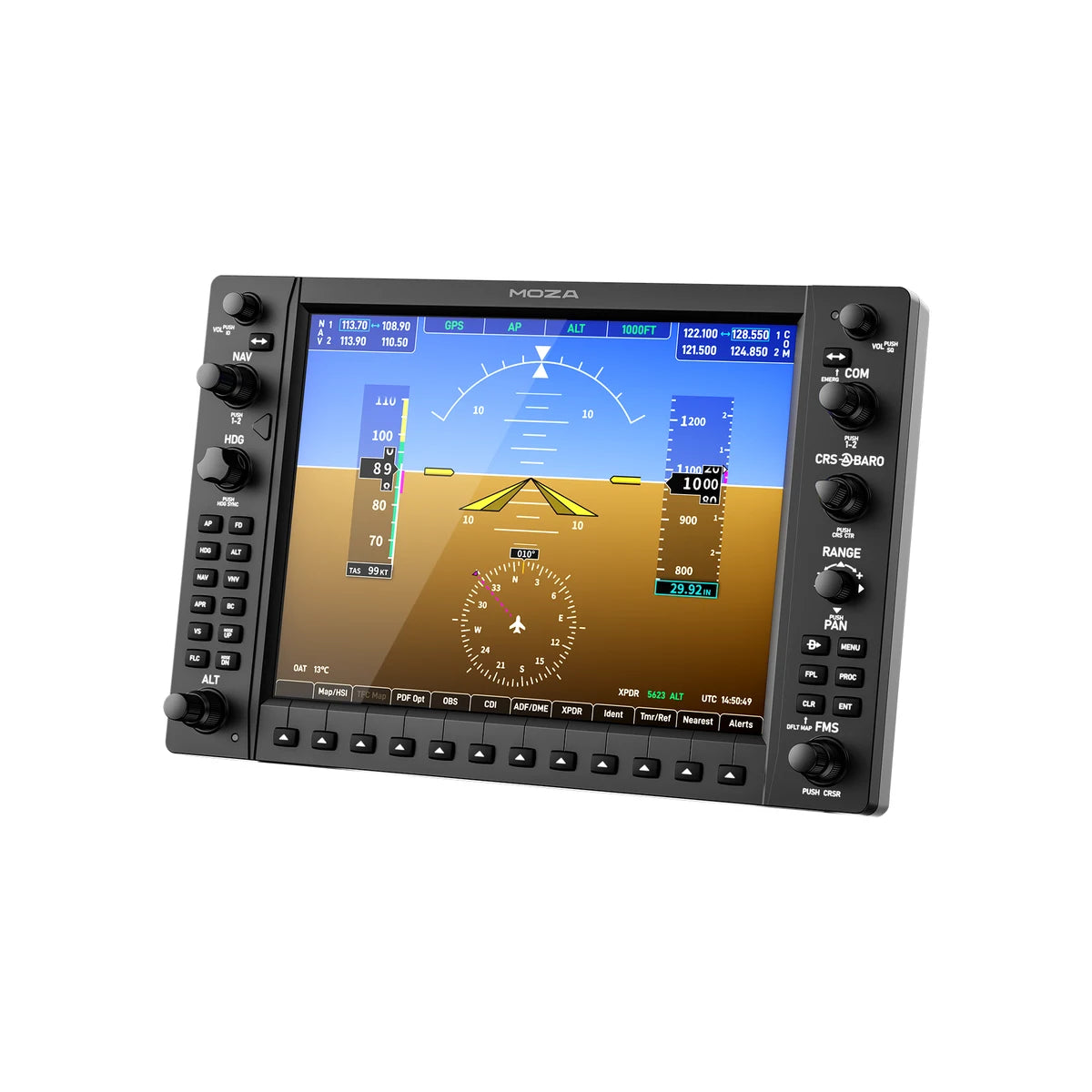 MOZA MGX1000 instrument panel three-quarter view with glass cockpit display