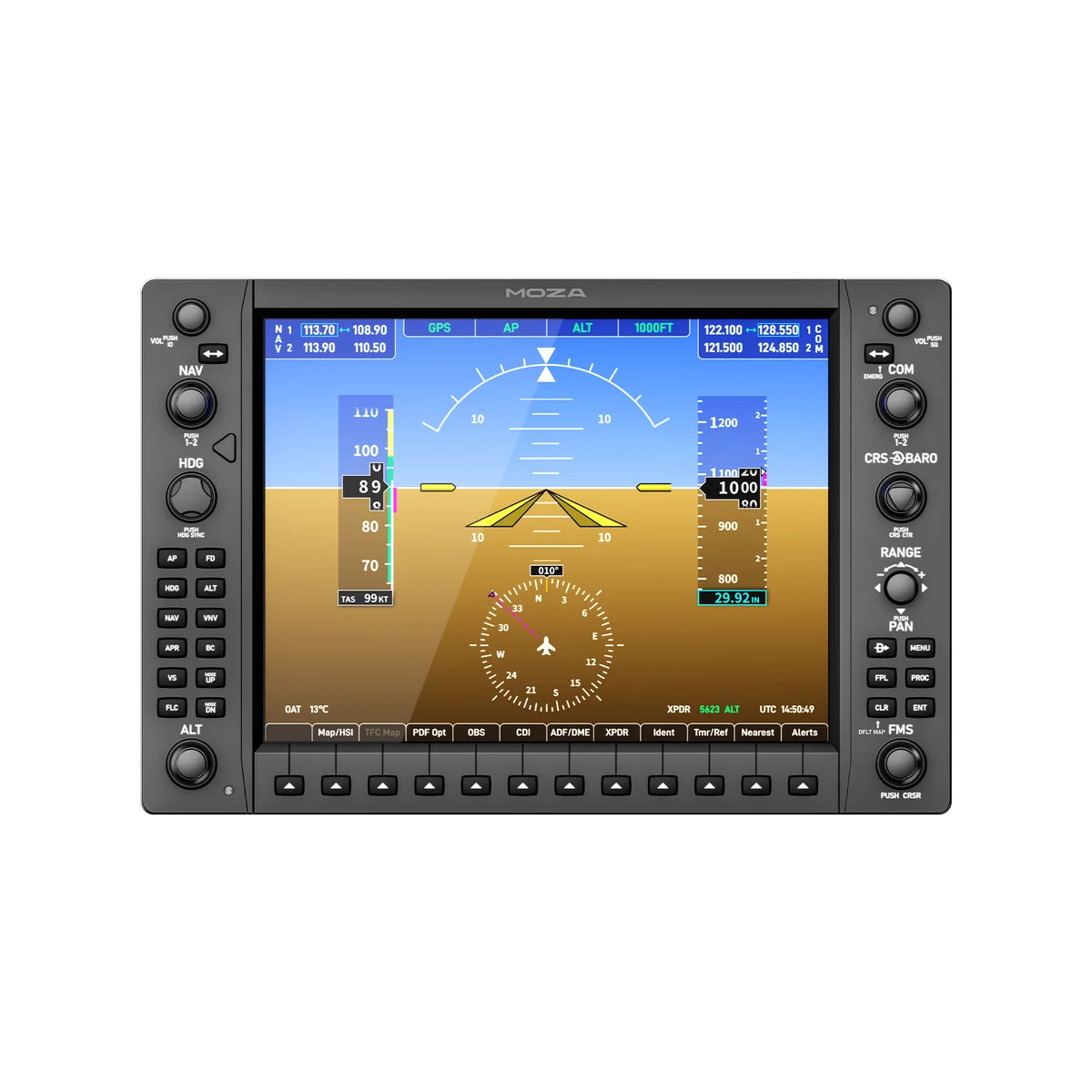MOZA MGX1000 instrument panel angled view showing tactile controls