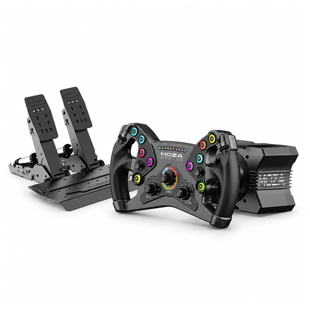 MOZA R9 GT Bundle three-quarter view with the KS steering wheel fitted to the R9 V3 wheel base beside the SRP2 pedals