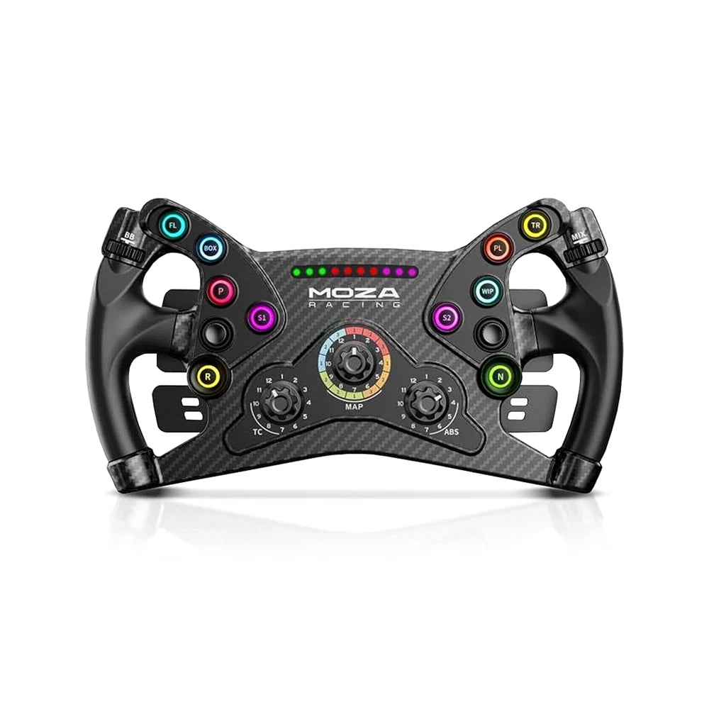 MOZA KS steering wheel front view with carbon fibre butterfly design, RGB buttons and rotary dials