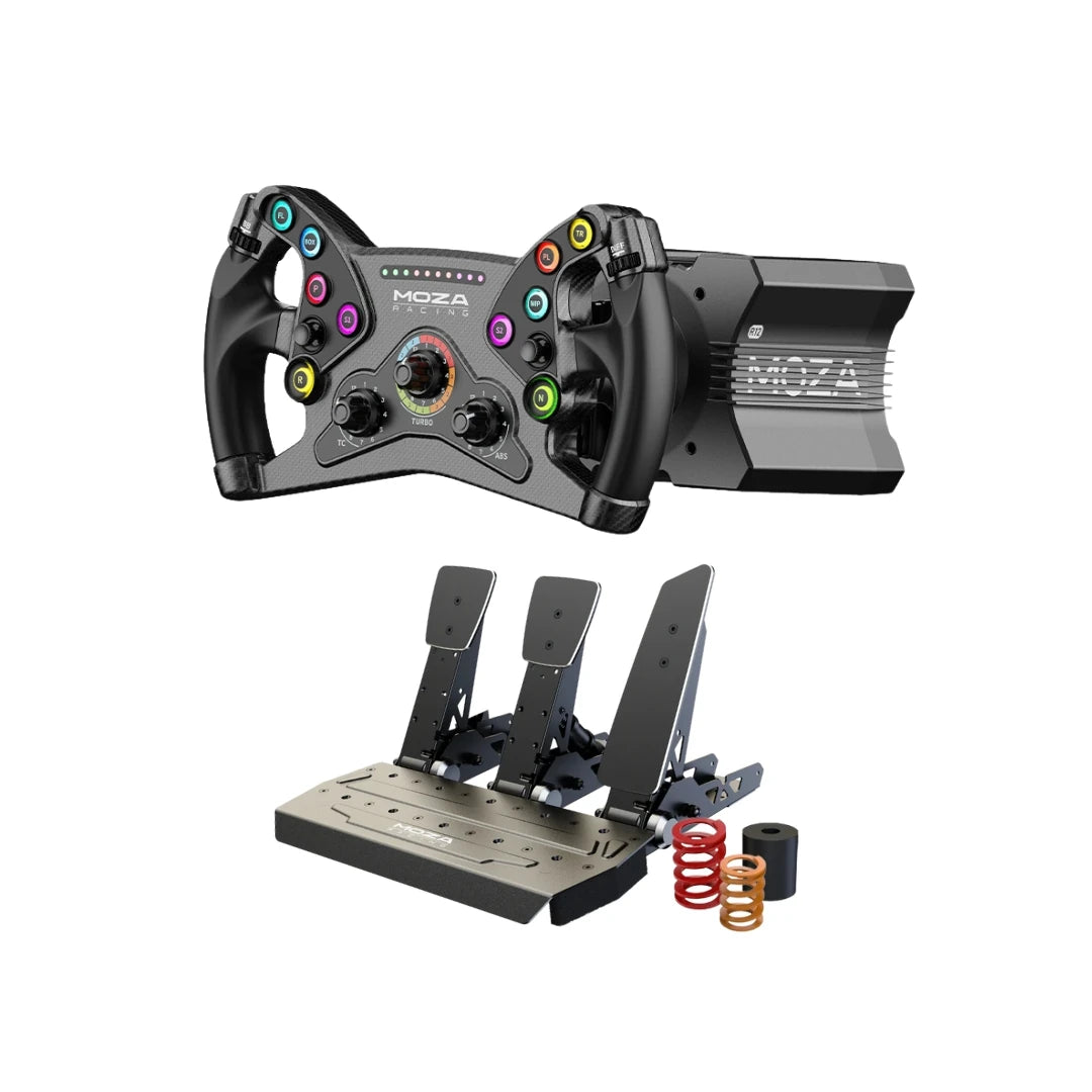 Moza R12 GT Bundle for Sim Racing on Player1 Sim Gear. Moza R12, Moza KS Wheel and Moza SRP Pedals.