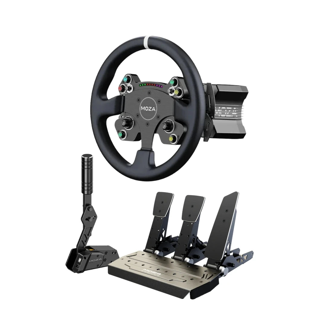 Moza R9 Drifter Bundle on Player1 Sim Gear for Sim Racing. Moza R9 wheel base, CSV2P wheel, SRP Load Cell pedals, Moza HBP Handbrake.