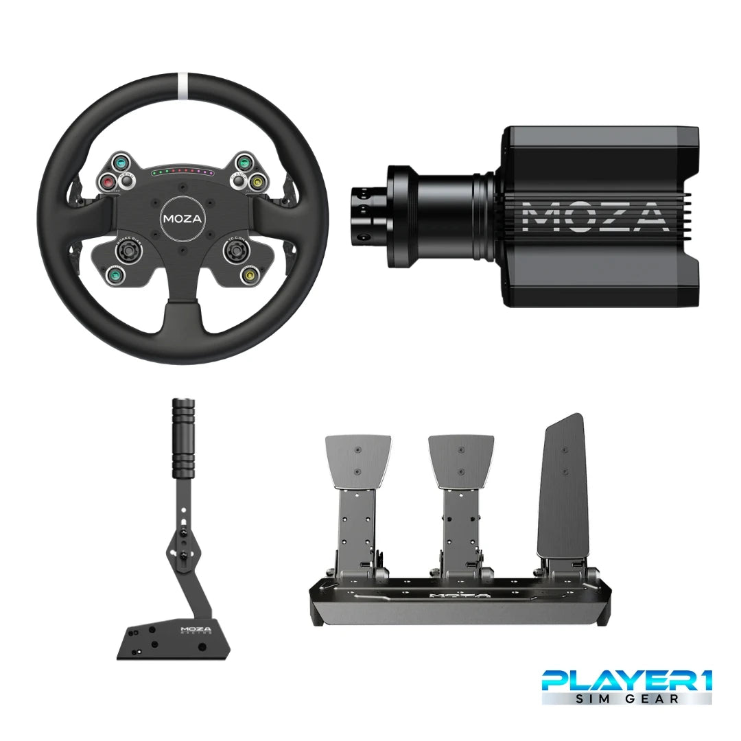 Moza R9 Drifter Bundle on Player1 Sim Gear for Sim Racing. Moza R9 wheel base, CSV2P wheel, SRP Load Cell pedals, Moza HBP Handbrake.