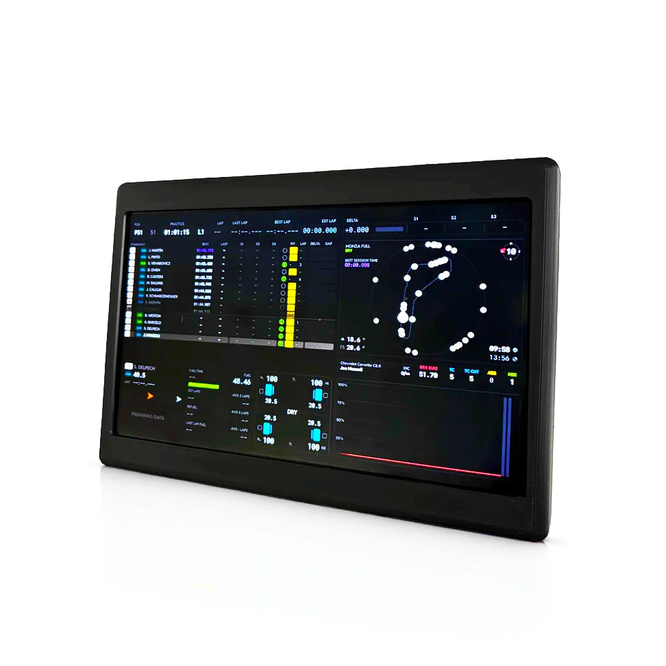 NCRD 10-inch Touchscreen DDU sim racing digital dash, screen showing a full SimHub dashboard with live timing, track map and tyre data