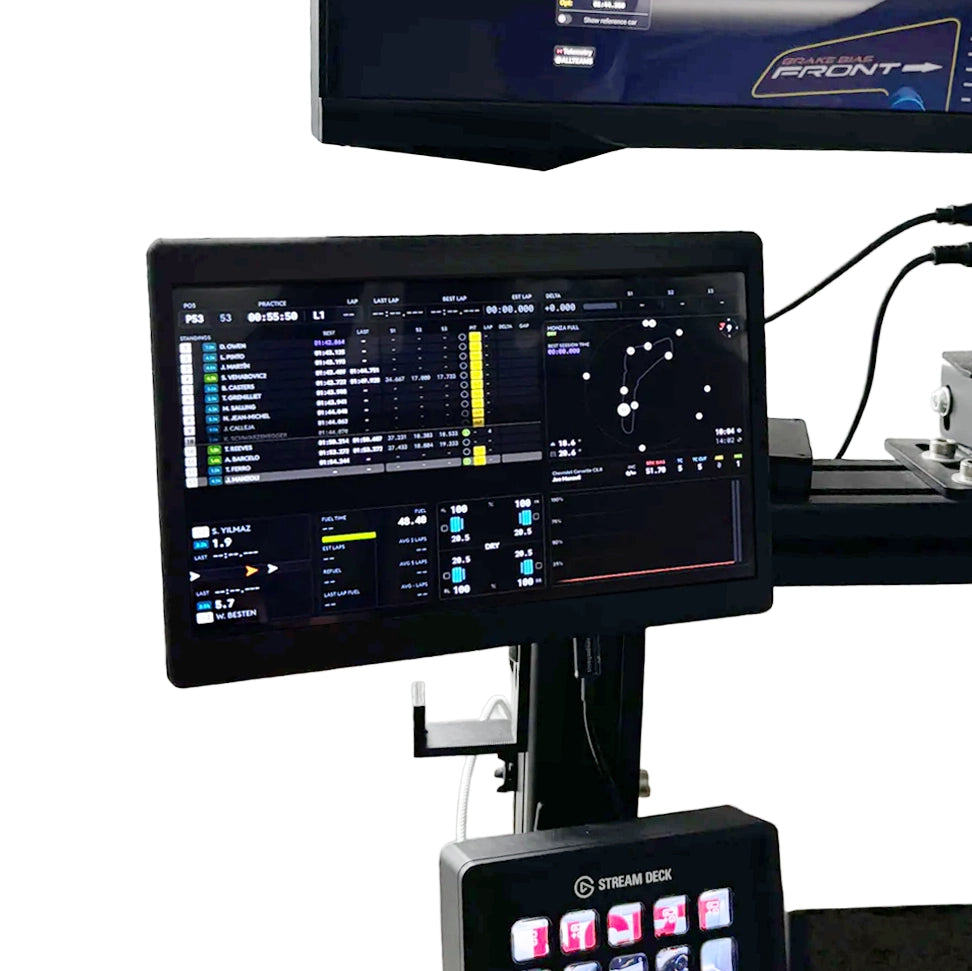 NCRD 10-inch Touchscreen DDU mounted on a sim racing rig below the wheel, running a SimHub timing dashboard, with an Elgato Stream Deck below